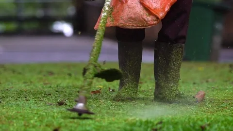 A man mowing the grass in the garden Stock Footage 76236983
