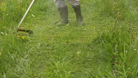 A man mowing the grass in the garden Video stock 76639530