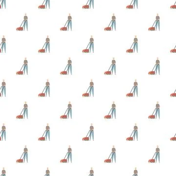 Man mowing lawn with push mower seamless pattern 스톡 일러스트