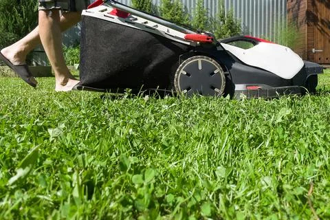 A man mows the grass, close-up Stock Photos