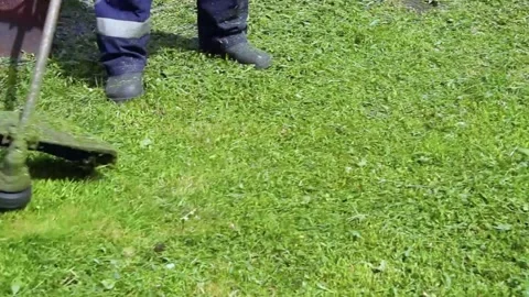 A man mows the grass with a lawn mower. Stock Footage 197785596