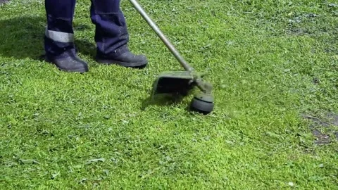 A man mows the grass with a lawn mower. Stock Footage 197785602