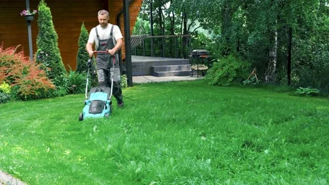 A man mows the grass with a lawn mower with grass collector on sunny summer day Stock Footage 234785481