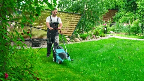 A man mows the grass with a lawn mower with a grass collector on a summer day Stock Footage 234785834