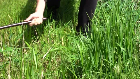 Man mows with his hands with hand-braided tall green grass on farm, close-up Stockbeeldmateriaal 194493831