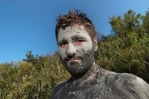 Man Mud Bath Covered Spa Stock Photos
