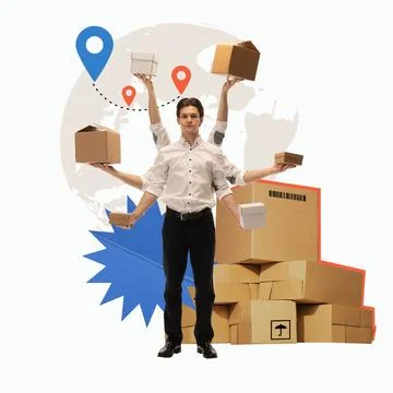Man with multiple hands holding boxes with global map and location pins in Foto stock