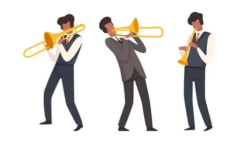 Man Musician Character Performing Music Playing Flute and Trombone Vector Set Stock Illustration
