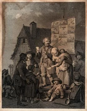 A man narrating his experiences in public, while his wife hands out leaflet.. Stock Illustration