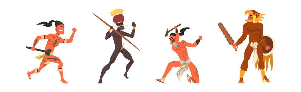 Man Native and Aboriginal Warrior with Weapon Vector Set Stock Illustration