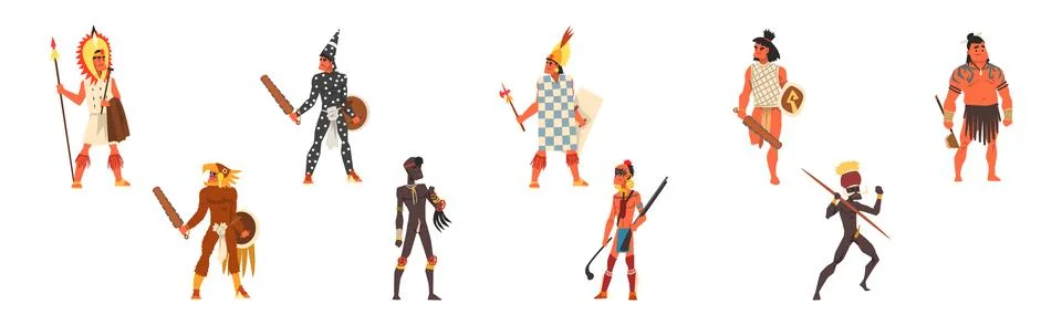 Man Native and Aboriginal Warrior with Weapon Vector Set Stock Illustration