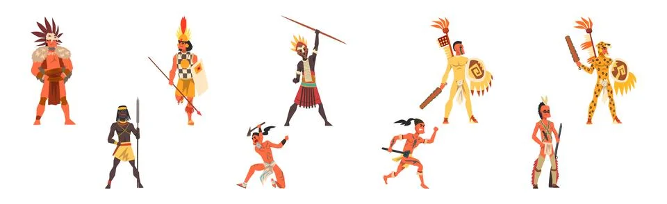 Man Native and Aboriginal Warrior with Weapon Vector Set Stock Illustration