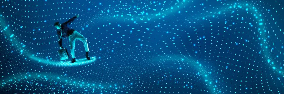 Man navigating electrified blue grid, analyzing data, showcasing programming Foto stock