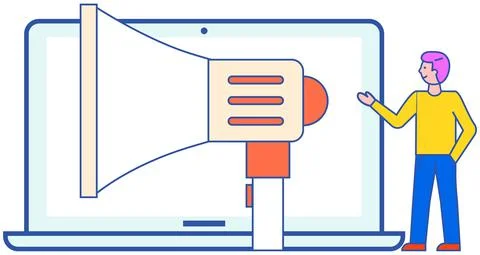 Man near computer with loudspeaker on screen. Program for Internet promotion Stock Illustration