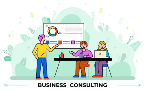 Man near Data Chart on Board, Business Consulting Illustrazione stock