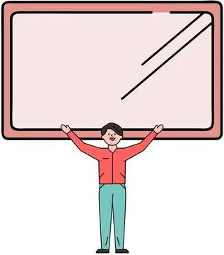 Man near electronic device with touchscreen. Guy showing smart tablet, huge Stock Illustration