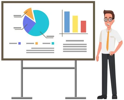 Man near presentation board with data, results of statistical research, business Stock Illustration