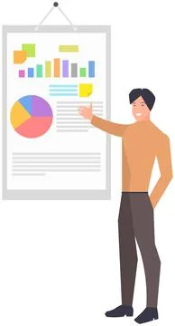 Man near presentation board with data, results of statistical research, business Stock Illustration