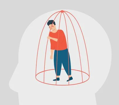 Man needs help inside a closed cage. Influence of drug addiction. Stock Illustration
