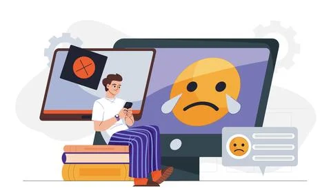 Man with negative comments. Young guy with smartphone read bad feedbacks and Stock Illustration