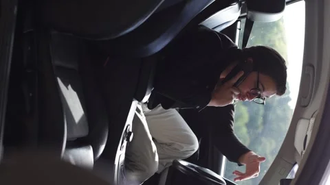 Man nervously talking on cell phone in car, upset over failure,vertical video Vidéo 253825669