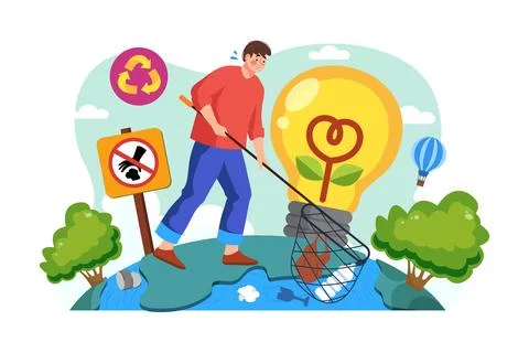 Man with a net catches floating plastic from the river Illustration concept o Stock Illustration