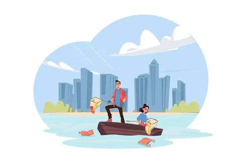Man with a net catches floating plastic from the river Stock Illustration