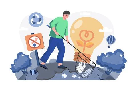 Man With A Net Catches Floating Plastic From The River Stock Illustration