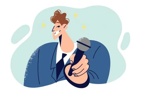 Man newscaster smiles and extends microphone to camera after being asked Stock Illustration
