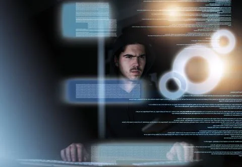 Man, night and data overlay with hacker, criminal programmer and information or Stock Photos