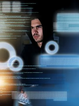 Man, night and data overlay with hacker, criminal programmer and information or Stock Photos