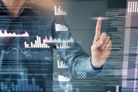 Man, night and overlay for data analytics by chart, graph and tech innovation Stock Photos