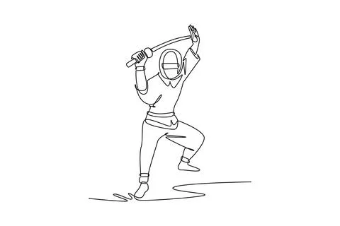 Man ninja in mask standing on stance, raising katana sword high Stock Illustration