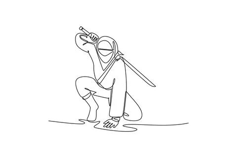 Man ninja poised in deep crouching stance holding katana sword Stock Illustration