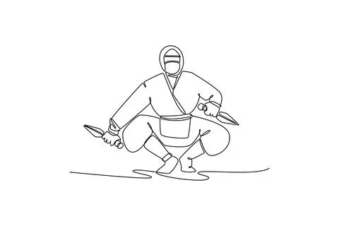 Man ninja poised in a deep squatting stance, holding twin daggers Stock Illustration