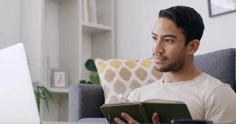 Man, notebook and laptop with thinking in home, research and review project.. Stock Photos