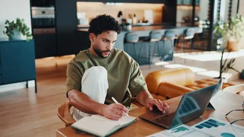 Man, notebook and remote work in house with laptop, data analytics and revi.. Stock Photos