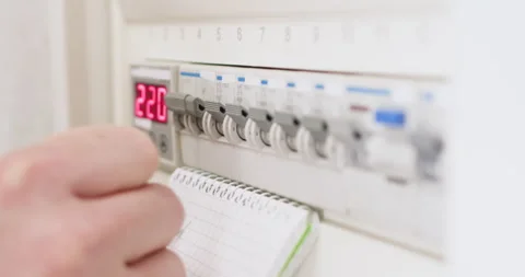 Man notes indicators from electrical circuit breaker panel Stockbeeldmateriaal 302027292