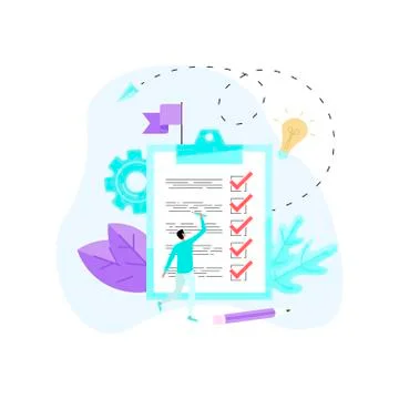 Man notices all completed cases on a tablet for papers. Business concept	 Stock Illustration