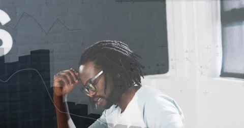 Man noticing sliding data overlays, adjusting glasses while analyzing finance Stock Footage 331379744