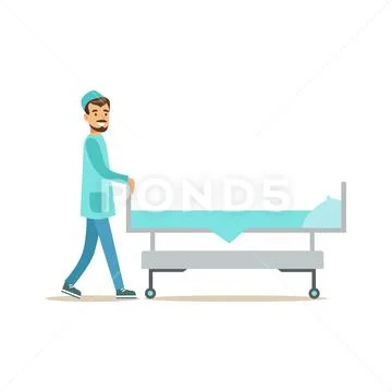 Man Nurse Rolling An Empty Hospital Bed, Hospital And Healthcare Illustration Stock Illustration