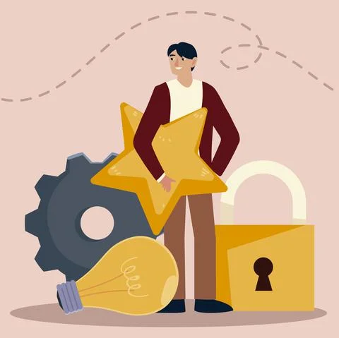 Man with objects such as gear bulb padlock and star 스톡 일러스트