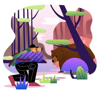 Man observing bear. Young guy with backpack looking at animal through binoculars Stockillustratie