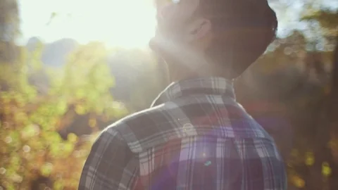 Man Observing Forest During Early Morning Sunrise Stock Footage 81491973