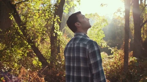 Man Observing Forest During Morning Sunrise (Dolly Left) Stock Footage 81491905