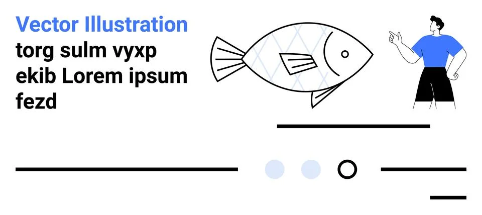 Man Observing Geometric Fish with Text Blocks and Lines in Minimalistic Desig Illustrazione stock