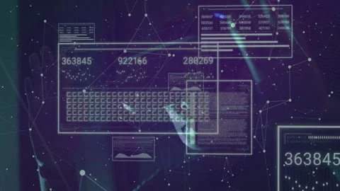 Man observing interface panels forming, data streams updating panels and Stock Footage 310428138