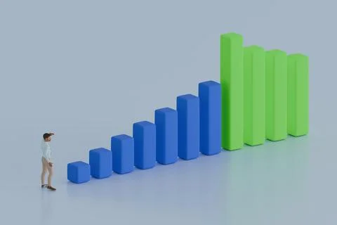 Man observing rising blue bars and tall green columns Stock Illustration