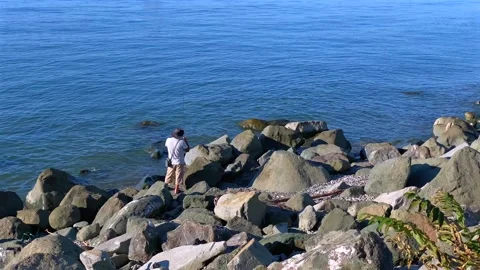 Man observing sea wide shot from a rocky shoreline Stock Footage 345361850