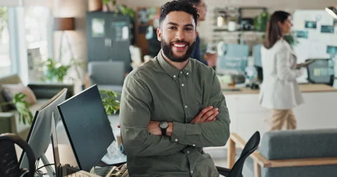 Man, office and happy for coding with arms crossed for programing and system Stock Footage 290051778